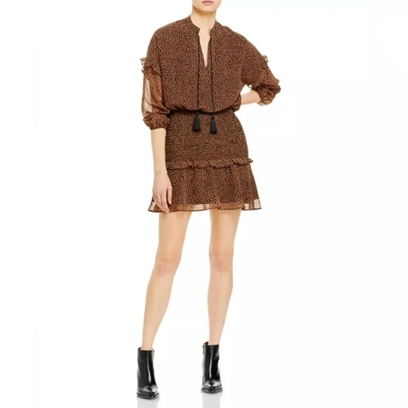 Aqua Printed Ruffle Mini Dress Brown Leopard Print Bloomingdale’s Size S - Picture 2 of 16